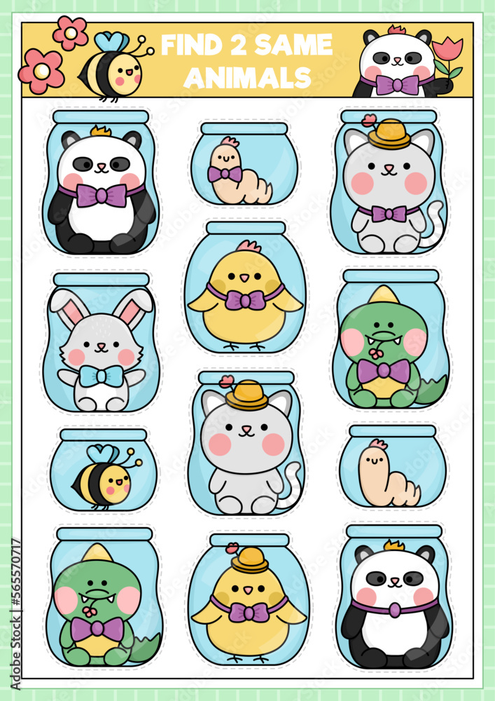 Obraz premium Find two same kawaii animals in jars. Easter matching activity for children. Spring holiday educational quiz worksheet for kids for attention skills. Simple printable game with chick, bunny, cat