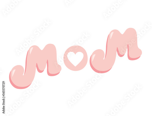 Word MOM and heart in the middle. Soft pink letters with 3d effect. Mother day greeting card, background, banner, poster, logo, sign. Cute cartoon illustration. Vector EPS10.