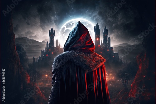 Landscape with red hooded wizard with red lights in his eyes, medieval castle in the background. Generative AI