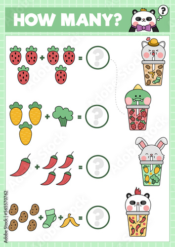 Matching game with cute kawaii fruit, vegetables drinks. Math activity for preschool kids. Comic educational printable counting worksheet with cartoon animals drinking fancy bubble tea.