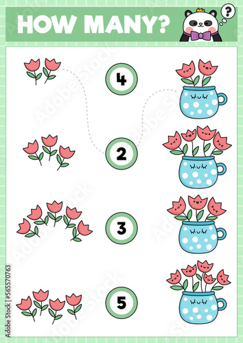 Spring matching game with cute kawaii tulips in cup. Garden math activity for preschool kids. Educational printable Easter counting worksheet with cartoon flowers in pot.