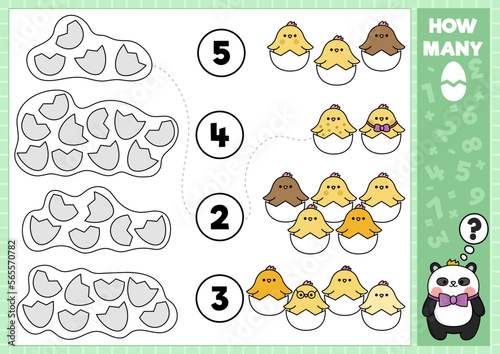 Easter matching game with cute kawaii hatching chicks and egg shells. Spring holiday math activity for preschool kids. Educational printable counting worksheet with cartoon chicken birds.