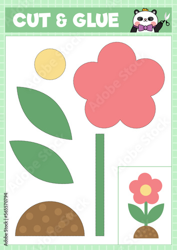 Vector spring cut and glue activity. Crafting game with cute cartoon flower. Fun simple printable worksheet. Find the right piece of the puzzle. Garden complete the picture.