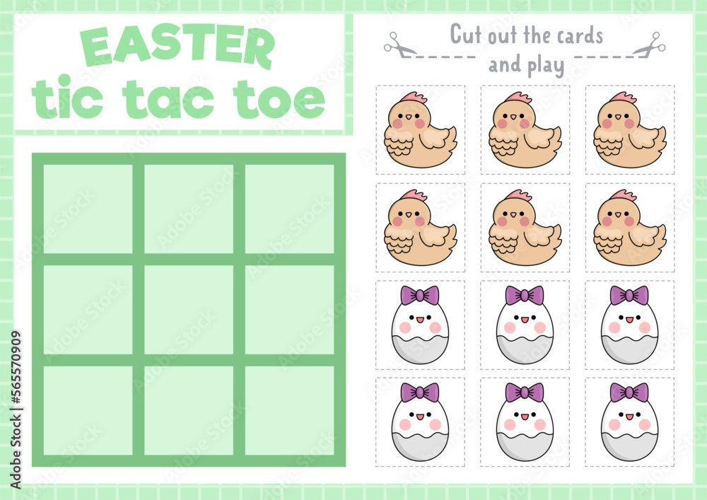 Vector Easter tic tac toe chart with hen and egg. Kawaii board game playing field with cute characters. Funny spring holiday printable worksheet. Noughts and crosses grid .