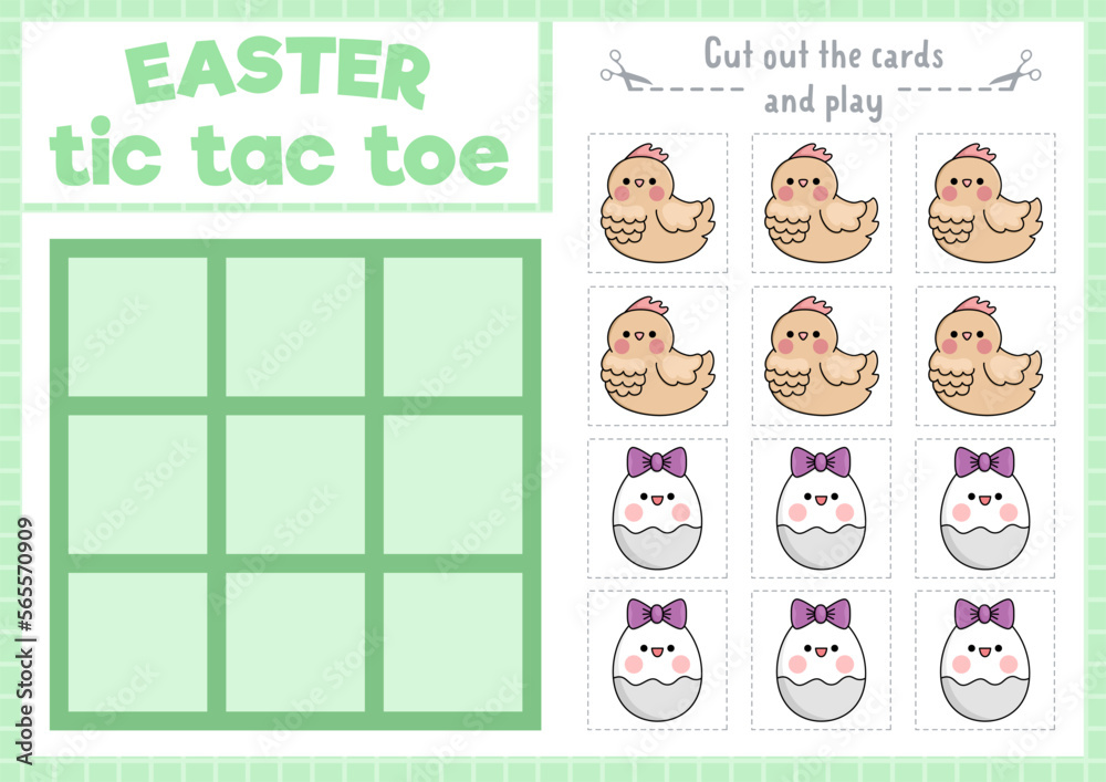 Obraz premium Vector Easter tic tac toe chart with hen and egg. Kawaii board game playing field with cute characters. Funny spring holiday printable worksheet. Noughts and crosses grid .