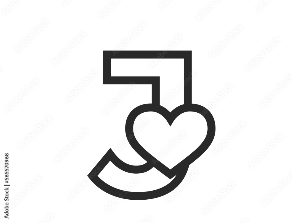 letter j with heart in line style. text element for valentine's day design. romantic and love symbol