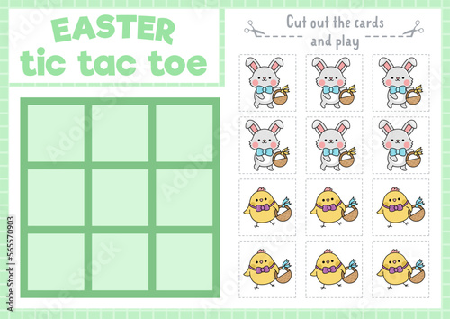Vector Easter tic tac toe chart with bunny and chick. Kawaii board game playing field with cute characters. Funny spring holiday printable worksheet. Noughts and crosses grid .