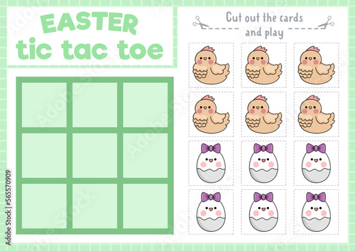 Vector Easter tic tac toe chart with hen and egg. Kawaii board game playing field with cute characters. Funny spring holiday printable worksheet. Noughts and crosses grid .