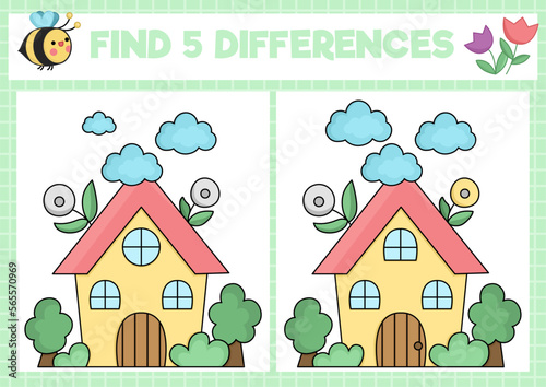 Garden kawaii find differences game for children. Attention skills activity with cute country house. Spring holiday puzzle for kids with funny cartoon cottage. Printable what is different worksheet.