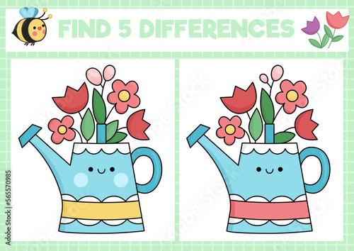 Garden kawaii find differences game for children. Attention skills activity with cute watering can and flowers. Spring holiday puzzle for kids. Printable what is different worksheet.