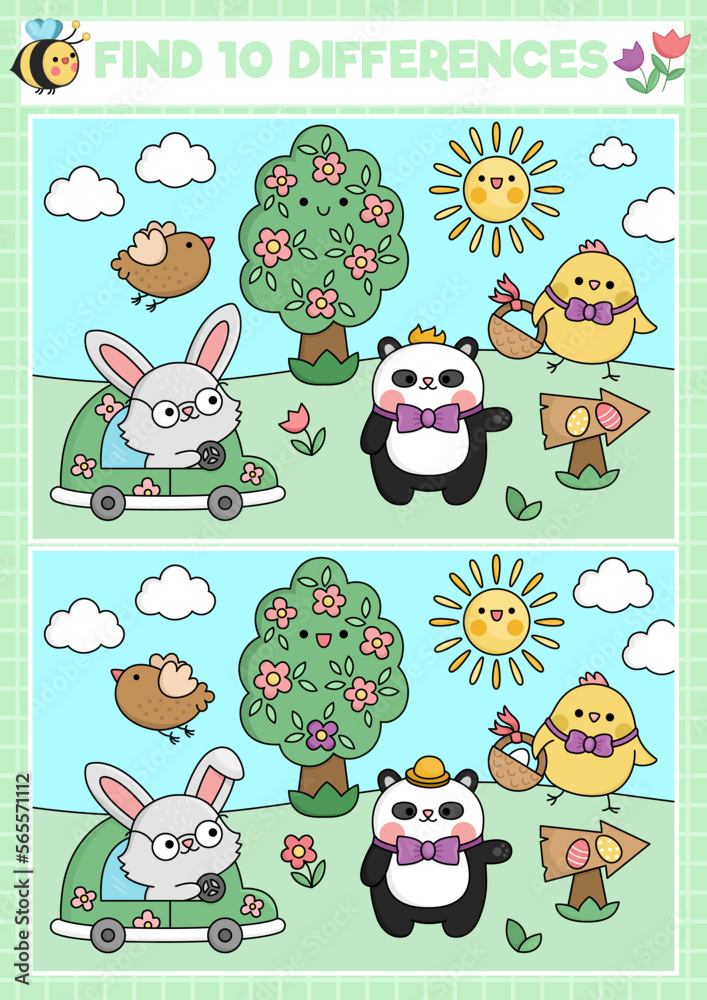 Easter kawaii find differences game for children. Attention skills activity with cute bunny and chick going on egg hunt. Spring holiday puzzle for kids. Printable what is different worksheet. Easter kawaii find differences game for children. Attention skills activity with cute bunny and chick going on egg hunt. Spring holiday puzzle for kids. Printable what is different worksheet.