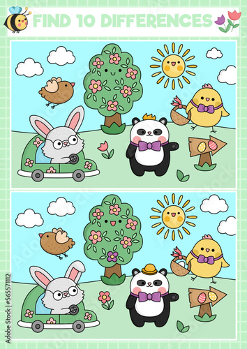 Easter kawaii find differences game for children. Attention skills activity with cute bunny and chick going on egg hunt. Spring holiday puzzle for kids. Printable what is different worksheet.
