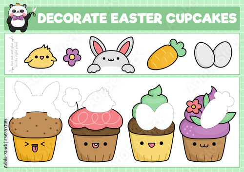 Vector Easter cut and glue activity. Crafting game with cute kawaii cup cakes. Fun spring holiday printable worksheet. Find the right piece of the puzzle. Decorate cupcakes.