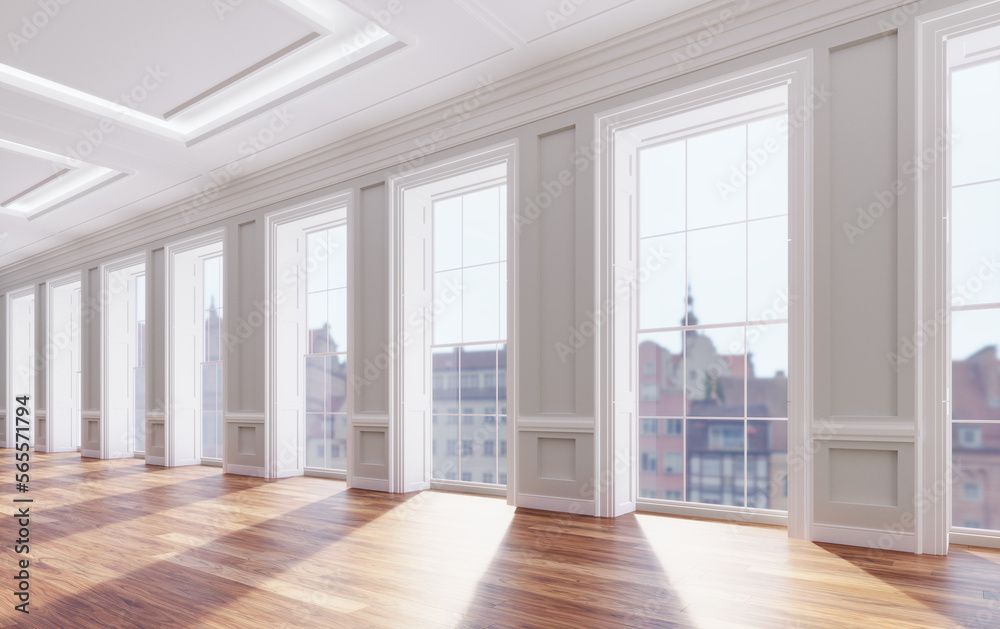 Classical renovated interior with classic big windows and wooden floor Classical renovated interior with classic big windows and wooden floor