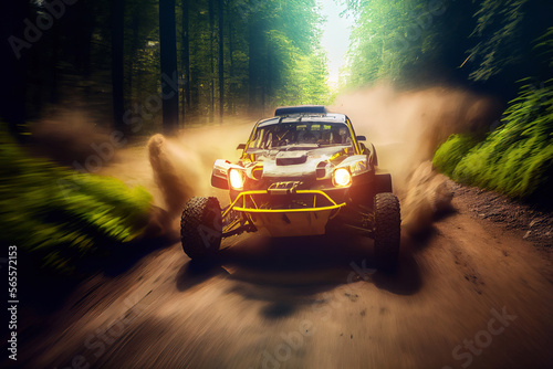 Rally racing buggy in forest in motion with dust trail and glowing lens flare on background. Digitally generated AI image.