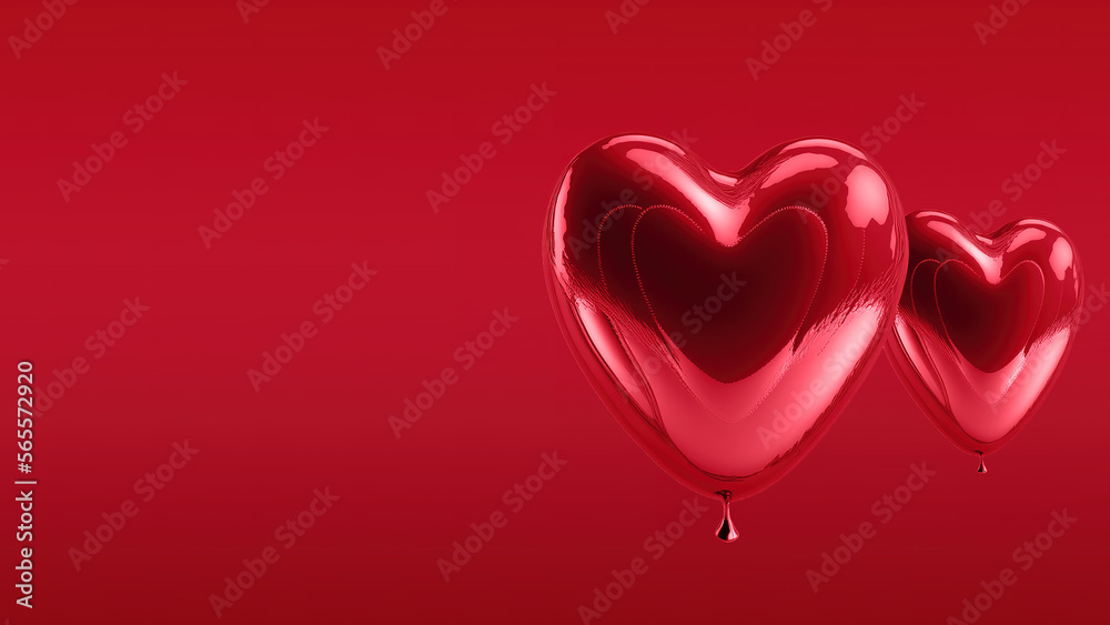 red heart shaped balloons. 3 valentines heart shaped RED foil balloons on isolated red background. copy space.. Generative ai