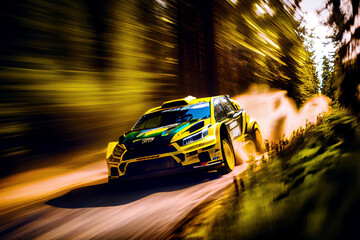 Wandcirkels Auto Rallyauto door bos met stofspoor  © 0livia