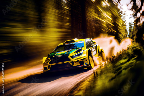 Rally racing car in forest in motion with dust trail and glowing lens flare on background. Digitally generated AI image.