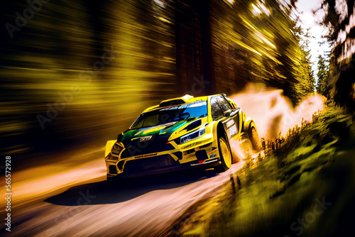 Rally racing car in forest in motion  with dust trail and glowing lens flare on background.  
Digitally generated AI image.