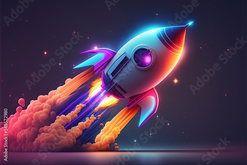 Illustration of rocket taking off, startup concept, background with neon lights. Generative AI photo