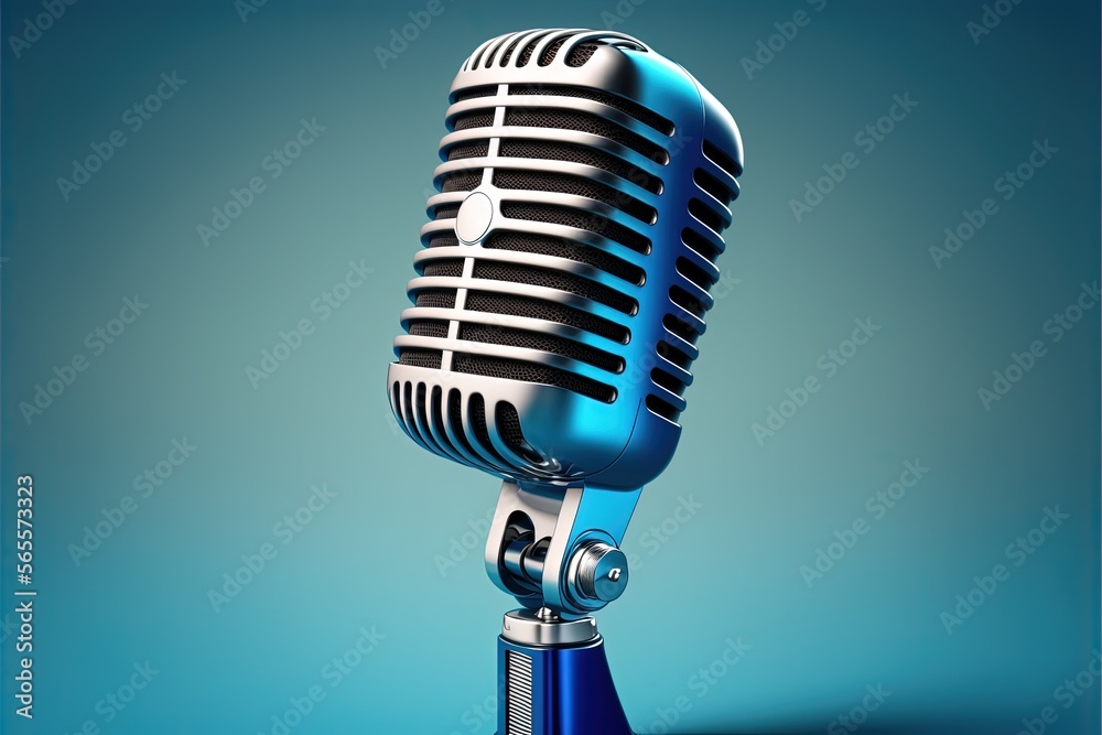 Fototapeta premium Studio microphone illustration for podcast, blue background. Generative AI