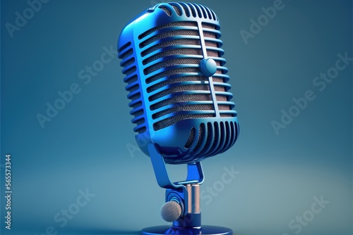 Studio microphone illustration for podcast, blue background. Generative AI