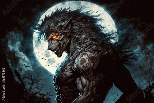 Werewolf warrior illustration in the night, anime manga style. Generative AI photo
