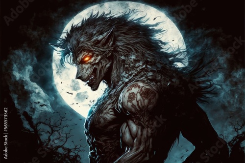 Werewolf warrior illustration in the night, anime manga style. Generative AI