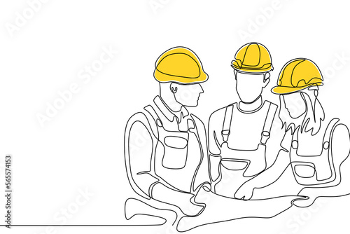 One line drawing of male and female building builder groups wearing helmet. Great team work concept. Trendy continuous line draw design graphic PNG illustration