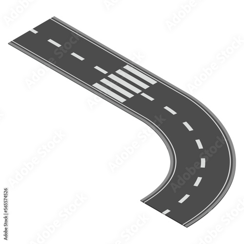 Isometric road element for highway city street map traffic creation. Asphalt part of road and route with curve