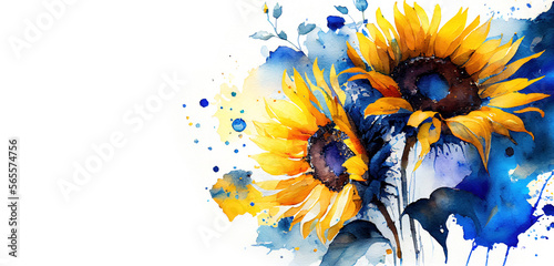 Fototapeta Naklejka Na Ścianę i Meble -  Yellow and blue sunflowers in splashes of watercolor as Ukraine flag colors and Ukrainian culture symbol generative AI art banner with copy space