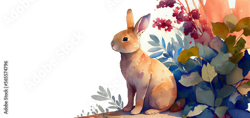 Watercolor painting of rabbit banner with copy space as illustration of Easter bunny in flowers generative AI art