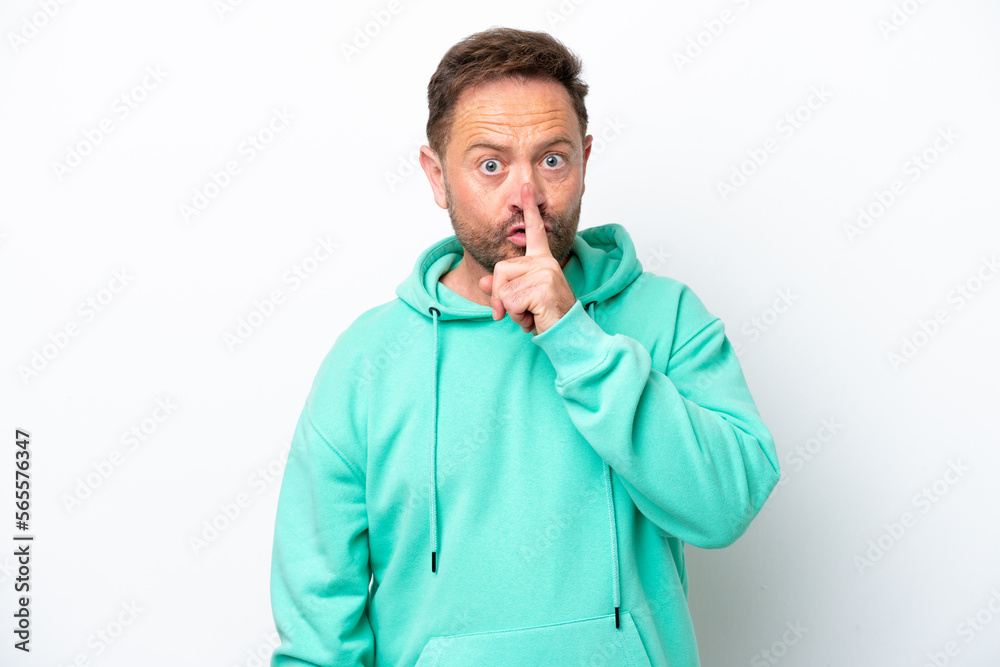 Middle age caucasian man isolated on white background showing a sign of silence gesture putting finger in mouth