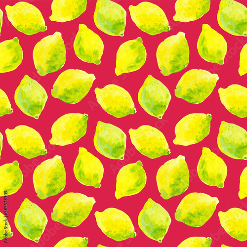 Beautiful seamless pattern with hand drawn watercolours yellow lemons. On Viva Magenta background. Illustration with citrus fruits. 