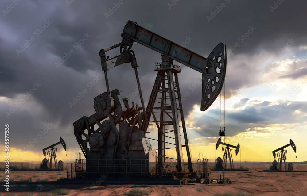 Crude oil Pumpjack on sunset. Generative Ai. Fossil crude output and fuels oil. Oil drill rig and drilling derrick. Global crude oil Prices, energy, petroleum demand (OPEC+). Pump jack at oilfield.