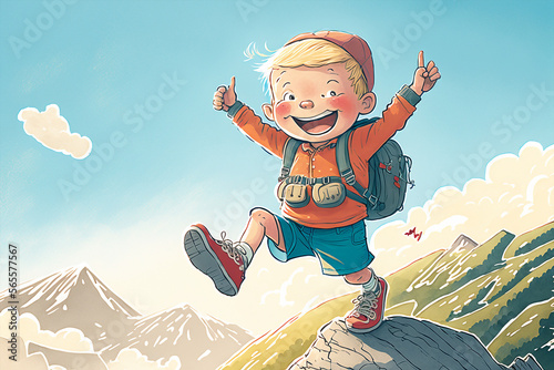 illustration for a children's book of a smiling child on top of the mountain - AI generative