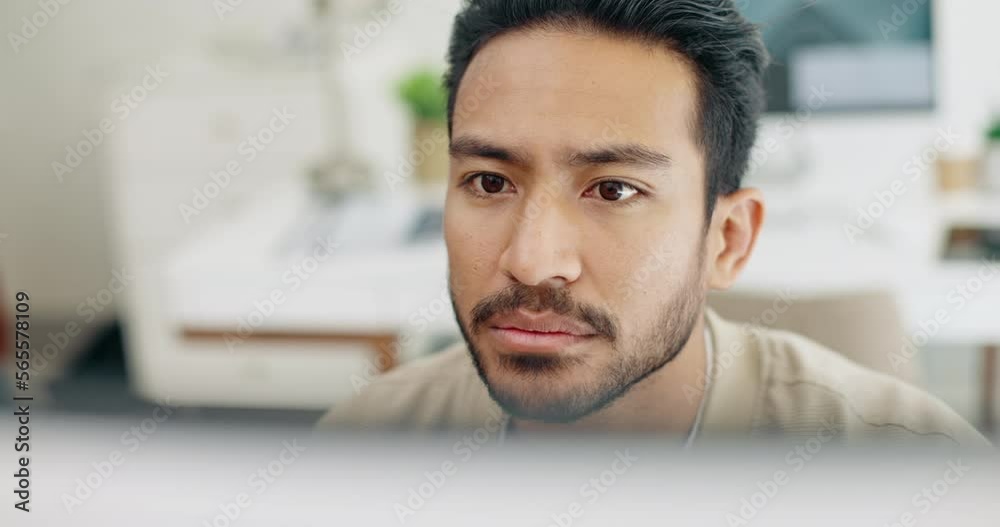 Asian man, face thinking and idea with computer, planning and brainstorming for success in programming. Tech startup worker, executive focus and solution with innovation by desktop pc in workplace