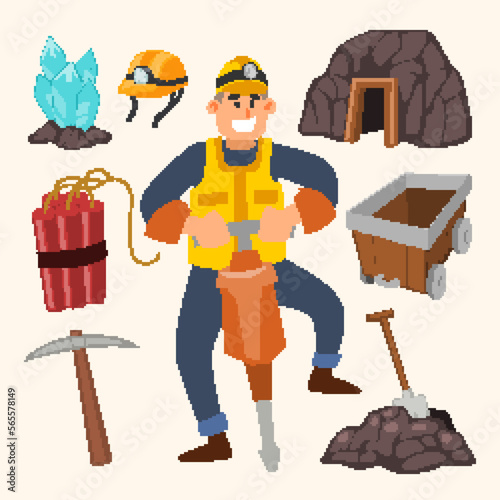 Miner Tools Equipment Object find minerals and gold working in tunnel with helmet, pickaxe, dynamite, shovel, cave, crystal