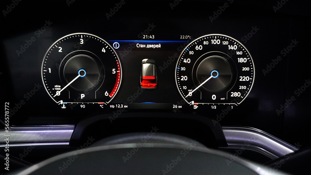 Car instrument panel with white scales tachometer, speedometer, fuel ...