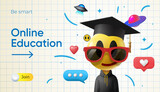 Online education. Back to school template with emoji Smiling face in graduation hat and social media icons, checkered background