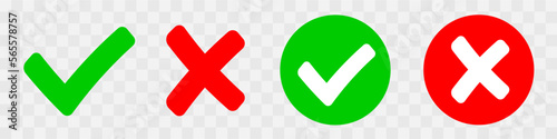 Check mark and X mark icon. Checkmark and x mark icon for apps and websites. Green and red check mark icon on white background - stock vector. photo