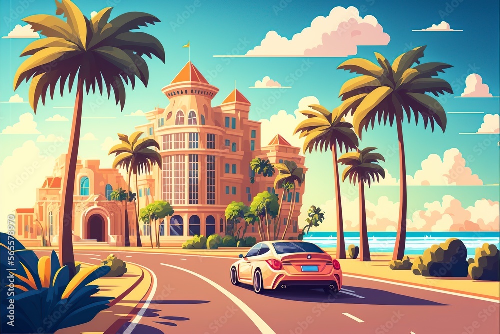 cartoon illustration, car driving through tropical streets,generative AI
