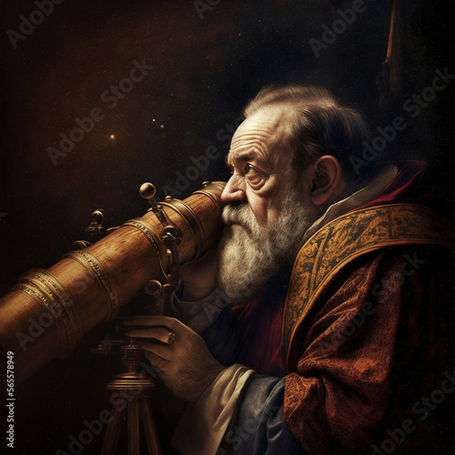 Print op canvas Retro fantasy: Galileo Galilei near his telescope looking pensive to the firmament of stars