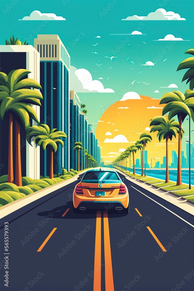 Obraz premium cartoon illustration, car driving through tropical streets,generative AI