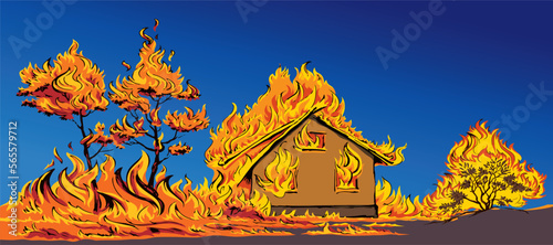 Vector drawing. Burning house and trees