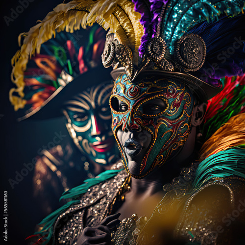 Unrecognizable People Wearing Bright and Floral Carnival Masks with Feathers. A festive mix of colors and feathers
