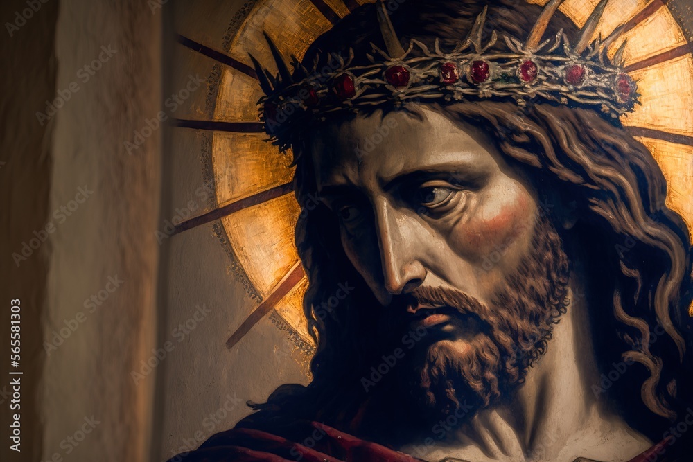 Obraz premium illustration of Jesus Christ in crown of thorns. AI generated