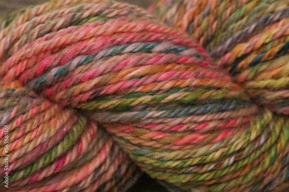 Closeup of colourful handspun and handdyed pure organic merino sheep wool yarn , spun on a spinning wheel