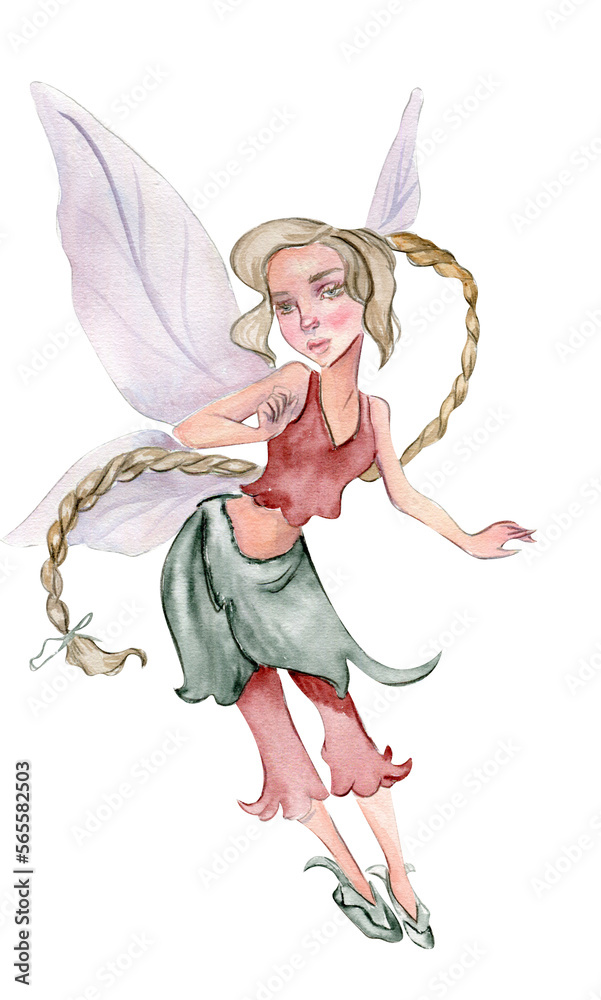 Watercolor cartoon fairy with magic wings. Watercolor hand draw fairy tale illustration. Illustartion with white isolated background. Perfect for greeting card, poster, wedding invitation, party decor