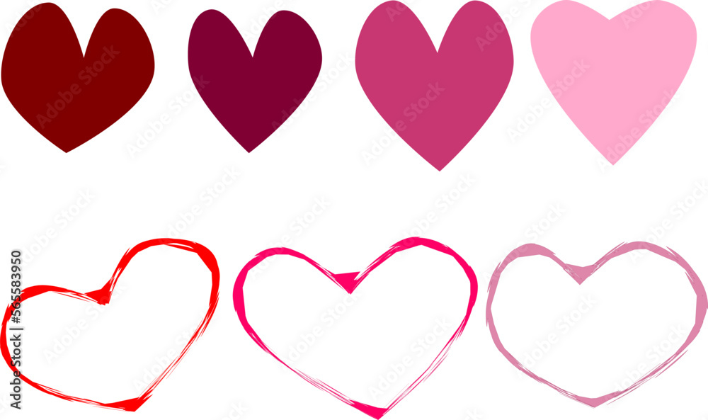 red pink solid sketch heart shapes vector set